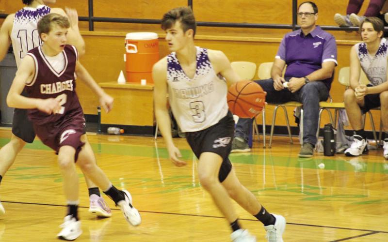 CHAAMP’s Drew Wigley dribbles to the top of the key to start a play with Connor Pendergast of ETHS defending. Wigley finished with 14 points and went 4/5 from beyond the three point arc.