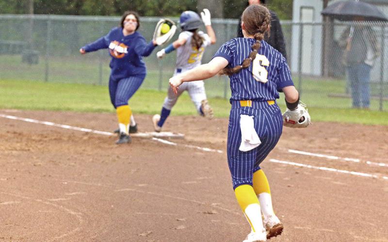 Harts Bluff’s Kylie Cancino makes the catch off the throw by Peyton Cameron to nail James Bowie’s Alleyah Franco for the out. The Lady Pirates won over the Lady Bulldogs Tuesday, 11-1. TRIBUNE PHOTO / QUINTEN BOYD