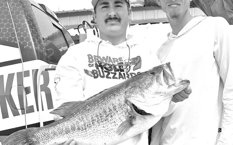 On April 2, Oklahoma bass angler Cullie Beveal (left) reeled in a 16.39 pounder at Lake O.H Ivie that ranks as the No. 20 heaviest Texas bass of all-time. Beveal donated the fish for permanent display in a 25,000-gallon aquarium at the Texas Freshwater Fisheries Center in Athens. The angler was guided by Kyle Hall, who reportedly located the fish on a spawning bed in 6-8 feet of water using forward-facing sonar.