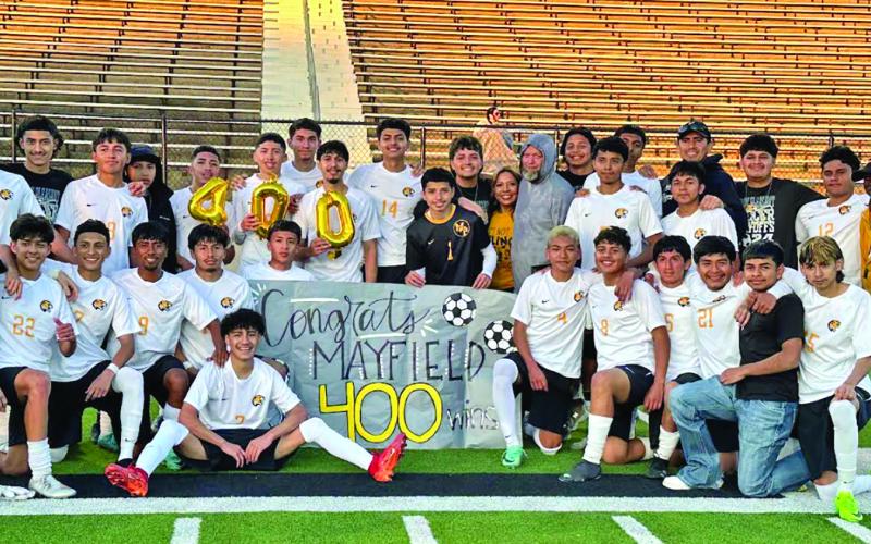 Mount Pleasant High School soccer coach, Jason Mayfield, earned his 400th win on Tuesday, March 26 in the bi-district playoff game vs. Lufkin. The Tigers defeated Lufkin 4-0 and have moved on to round 2 of the UIL 5A playoffs. They will play Sherman at Paris High School at 2:30 p.m. on Friday, March 29. COURTESY PHOTO