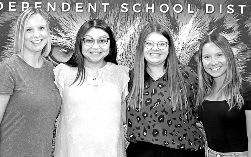 Annie Sims Elementary new teachers (L to R) Raechel Fulcher (1st grade), Joanna Juarez Wilson (kindergarten), Kamri Biggerstaff (2nd grade), Jordan Garza (kindergarten)