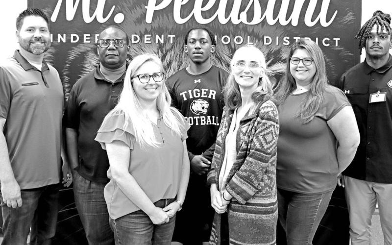 Mount Pleasant Junior High new teachers (L to R) D.J. Meisinger (ISS/Coach), Jerry Walker (ISS), April Sheppard (8th grade ELA), Jakybrein Hines (CTE/Coach), Kara Telgemeyer (special education), Brandy Berendt (8th grade ELA), Tevin Godfrey (7th grade Social Studies/Coach)