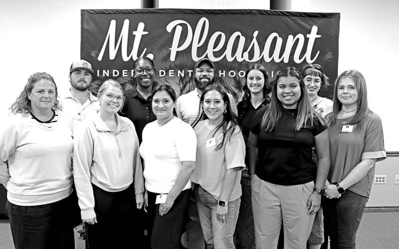 Mount Pleasant High School new teachers (L to R) Celina Burris (Tennis coach), Tyler Miklos (Construction Tech), Taylor McNutt (Health Science), Maya Polley (English 3/coach), Raquel Yanez (Business), Joshua Medlock (Environmental Systems/coach), Maribel Torres (English 1), Jordan Dickerson (Softball coach), Madia Arredondo (Class of 2029 Counselor), Morgan Thurman (AP Biology), Hanah Trimm (English 1)