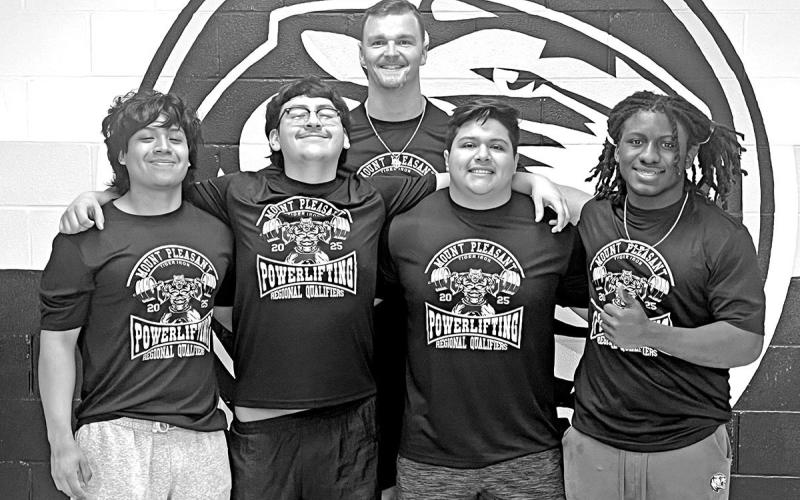 Tiger Powerlifting Regional Qualifiers (L to R) Luis Alvarado, Bruno De Leon, Coach Blake Lodes, Jose Gonzalez, Juymill Lewis COURTESY PHOTO
