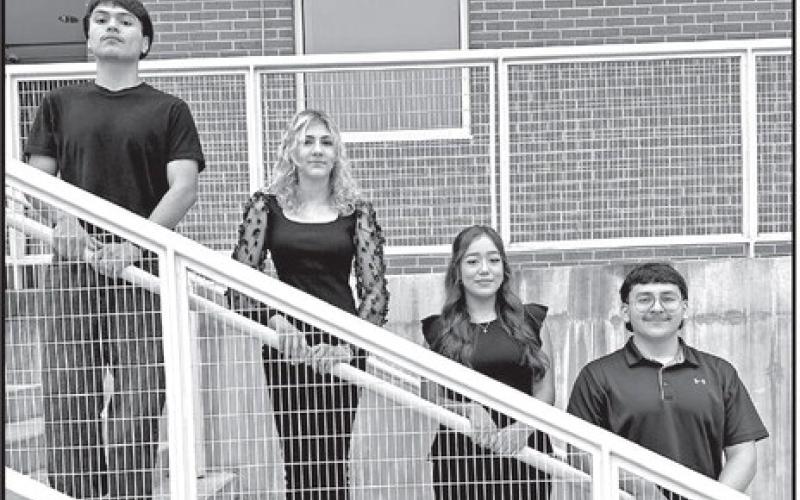 The 2025-2026 Goin’ Gold Band Drum Majors (L to R) Assistant Drum Major Angel Farias, Assistant Drum Major Makayla Mather, Associate Drum Major Rosali Niño, and Head Drum Major Bruno DeLeon COURTESY PHOTO