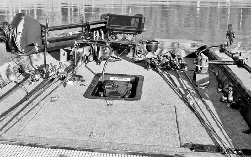 The roomy casting deck got plenty of love in the overhaul. The plywood floor is outfitted with new carpet, a large storage box, Garmin Force trolling motor, Garmin electronics/ LiveScope Plus, an independent LiveScope pole from Railblaza and Panther recessed foot pedal tray.