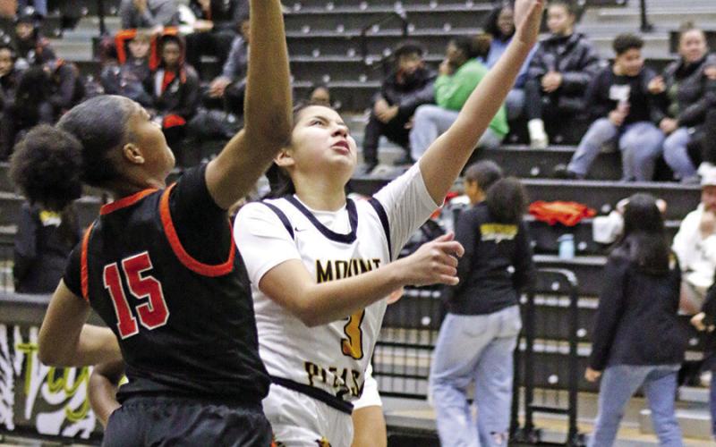 Mount Pleasant’s Melany Morales (3) puts up a lay-up against Texas High on Friday night.