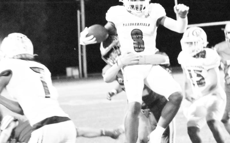 The Tigers’ Aeryn Hampton, 8, gets grabbed from behind as he attempts to go up and over Pewitt defenders Oct. 22.