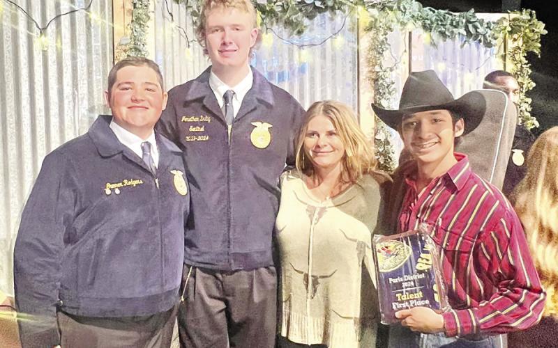 Gunner Rodgers, Jonathan Dalby, FFA Advisor Susie Hearron, Christo Escalante