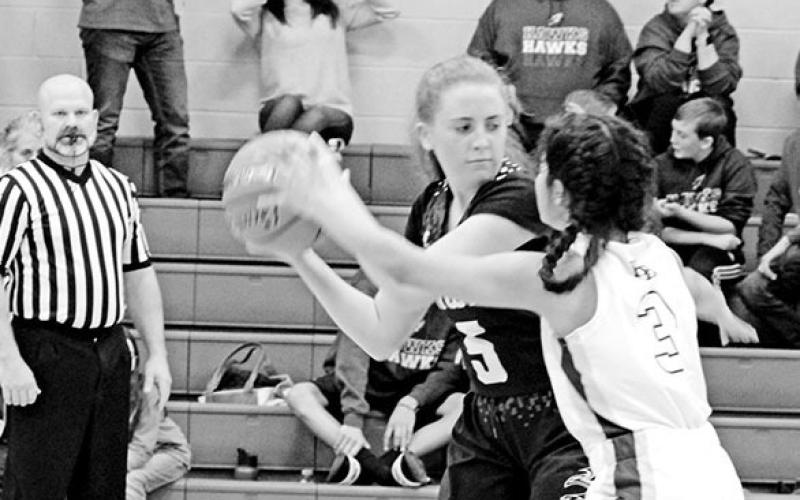 CHAAMP’s Charis Roseberry tries to keep the ball away from Harts Bluff’s Alexa Arzate during Saturday’s game. The Lady Hawks held off the Lady Bulldogs, 26-18. TRIBUNE PHOTO / QUINTEN BOYD