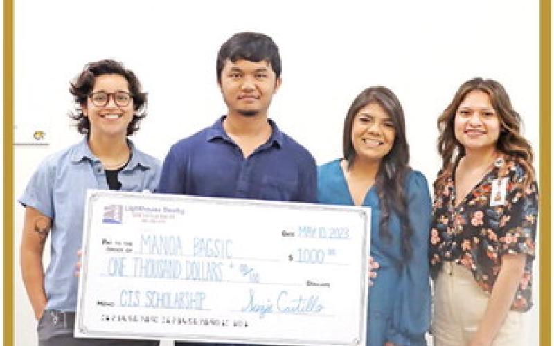 MPHS senior, Manoa Bagsic, was surprised at school on Wednesday, May 10 with the news that he had won the Communities in Schools - Mt Pleasant High School scholarship, sponsored by Suzie Castillo, Realtor - Lighthouse Realty. Bagsic will attend the University of North Texas and major in Electrical Engineering. Pictured (L to R): CIS Site Coordinator Courtney Munoz, Manoa Bagsic, Lighthouse Realtor Suzie Castillo, and CIS Site Coordinator Trini Hernandez COURTESY PHOTO