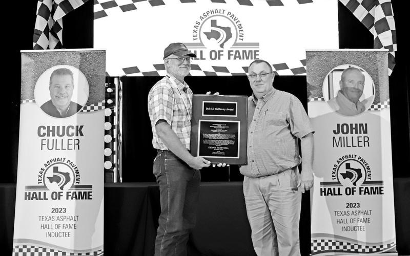Pictured from left to right: Retired TxDOT Statewide Seal Coat Coordinator Dennis Berryhill and Associated General Contractors of Texas Area Manager Michael Lee COURTESY PHOTO