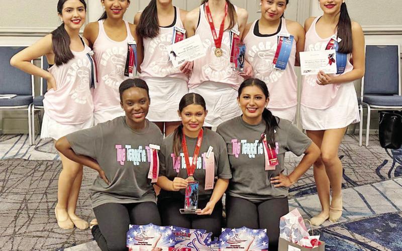 The 2023-2024 Tiger Doll Officers and Sergeants with their camp awards. Front Row L to R: Senior Lieutenant Makayla Spigner, Captain Genevieve Rubio, and Junior Lieutenant Jalyssa Aguilar. Back Row L to R: Sergeant Valeria Vega, Sergeant Violet Castaneda, Sergeant Morgan Zepeda, Head Sergeant Audrey Fisher, Sergeant Haley Garcia, and Sergeant Jamie Garrett COURTESY PHOTO