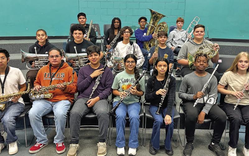 MPJH members of the 2023 All-Region Band. 1st row (L to R) Isaac Diaz, Jose Olivares, Joshua Pantoja, Angela Ramirez, Nancy Gil, Drason McDaniel, and Evelyn Whisenhunt. 2nd row (L to R) Maria Beltran, Dylan Cigarroa, Jesus Mata, Angel Palacios, and Zachary Newman. 3rd row (L to R) Jose Lucio, Sondryce Wilder, Mario Hernandez, and Cullen Hunnicutt COURTESY PHOTO