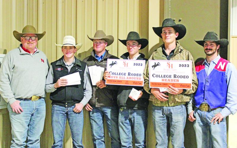 (L to R) Coach Justin Hampton, Gage Schweer, Coy Evans, Parker Jones (All Around-Champion), Kelon Andrews (Team Roping Header Champion), and Josh Stephenson COURTESY PHOTO