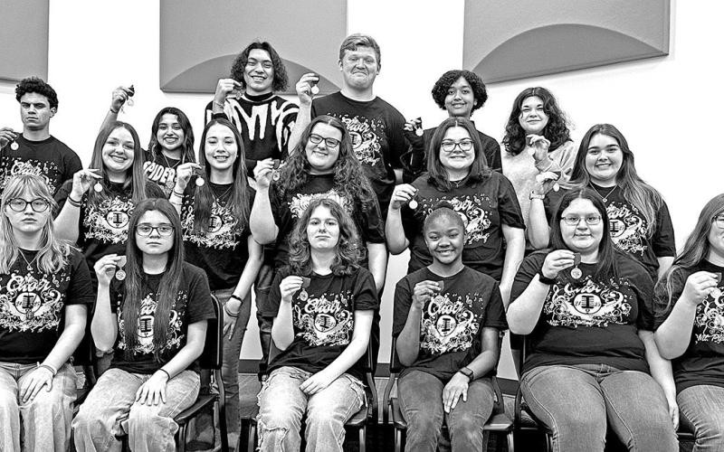 MPHS Choir solo medalists – First row (L to R) Emi Hobbs, Esmirna Hernandez, Sara Vanhoose, Aaliyah Gholston, Elizabeth Liera, Bella Reyes. Second row (L to R) Kristina Tidwell, Madison Zepeda, Danika Beckham, Alivia Newman, Maleah Duenez. Third row (L to R) Joey Dunn, Alexandra Hernandez, Taitus Chong, Preston Arnold, Peyton Robinson, Trista Madrid-Erwin COURTESY PHOTO