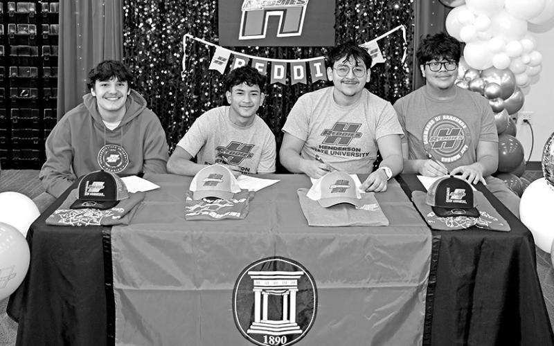 MPHS seniors sign with Henderson State University Band (L to R) Isaac Jetton, Edward Moya, Bruno DeLeon, Anthony Gonzalez Photo by John Whitten