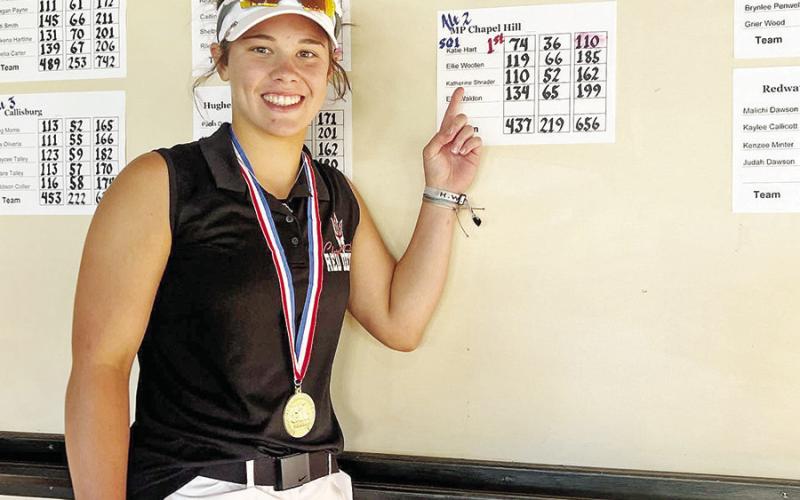 Chapel Hill senior Katie Hart won the regional golf tournament held this past week in Bullard. Hart has advanced to the state golf tournament every year for the last three years, winning the state championship as a sophomore and finishing third in a playoff last year. Hart finished second in her two previous trips to the regional tournament. The state golf tournament will be held at Austin’s Jimmy Clay Golf Course May 15-16. COURTESY PHOTO