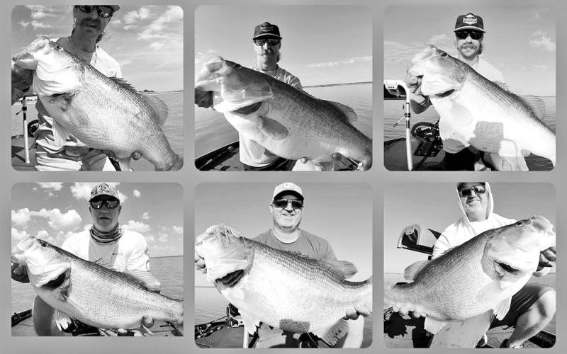 Fishing guide Brandon Burks (top row) has enjoyed some fairy tale fishing trips on the remote lake this month, including three consecutive trips where he and his client topped 50 pounds on five bass. (Brandon Burks Fishing)