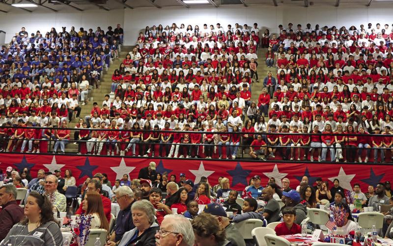 P.E. Wallace Middle School students form a living United States flag