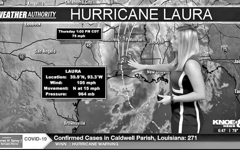 Sheena Lodes covering Hurricane Laura that hit the ArkLaMiss in 2020 COURTESY PHOTO