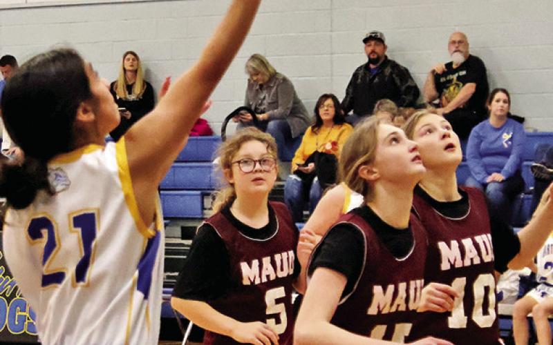 Harts Bluff’s Delainy Torres (21) puts up a shot against Maud last week in a junior high contest.