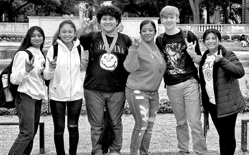 MPHS Speech and Debate team members at UT Austin (L to R): Gopi Amin, Angelina Hernandez, Anthony Orellana, Madeline Tumey-Simmons, Elijah Rider, Merlin Cardona COURTESY PHOTO