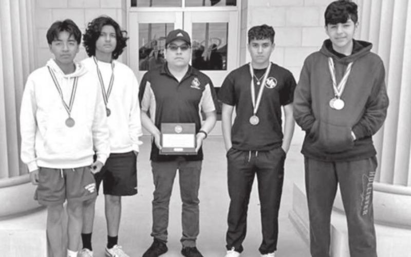 The MPHS Regional Calculator Applications team (L to R): Isaac Hernandez, Param Poudel, coach Osias Hernandez, Devin Castaneda, Nathaniel Martinez (state qualifier)