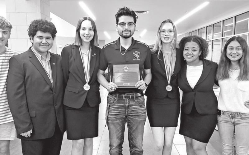 The MPHS Regional Speech team (L to R): Eli Rider, Anthony Orellana (state alternate), Connelly Cowan (state qualifier), coach Enrique Martinez, Taylor Hubbs (state qualifier), Madeline Tumey-Simmons, Angelina Hernandez COURTESY PHOTOS