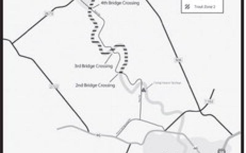 This map shows the stretch of Guadalupe River below the Canyon Lake dam where special regulations are in effect on rainbow and brown trout. (TPWD Ilustration)