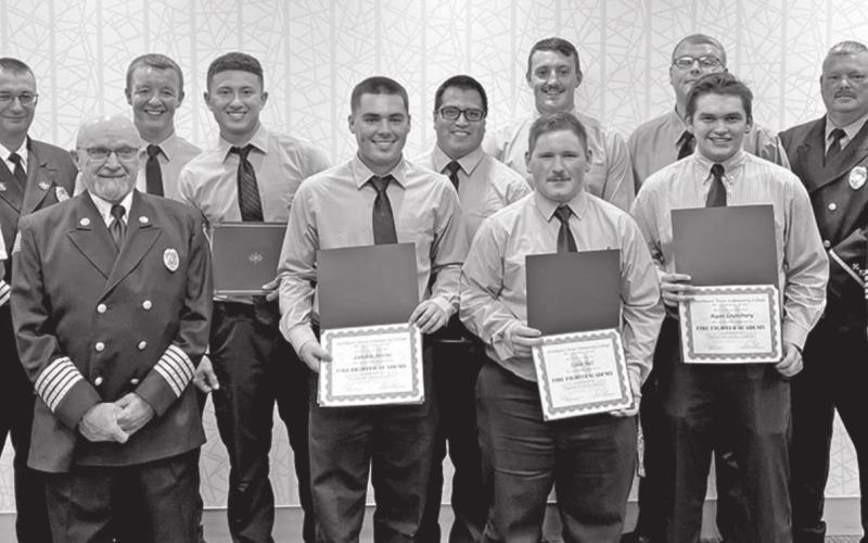 Pictured (front row from left) is: Russ Marshall, Fire Chief Athens, TX; Gerald Clark, MPFD instructor; Landon Bevins, Caleb Hall, Ryan Lounsbury, Larry McRae, Chief, MPFD. Back row (from left) is: Deputy Chief Danny Beard, MPFD; Carson Beard, Marcus Carlock, Manuel Diaz, Clinton Hockaday, Thomas Hughes and Shannon Hughes, MPFD. Not pictured is Deputy Chief, Brad Eubanks, MPFD; David Abernathy Texas Forestry Service (Retired), and Ranson Pipes, MPFD. COURTESY PHOTO