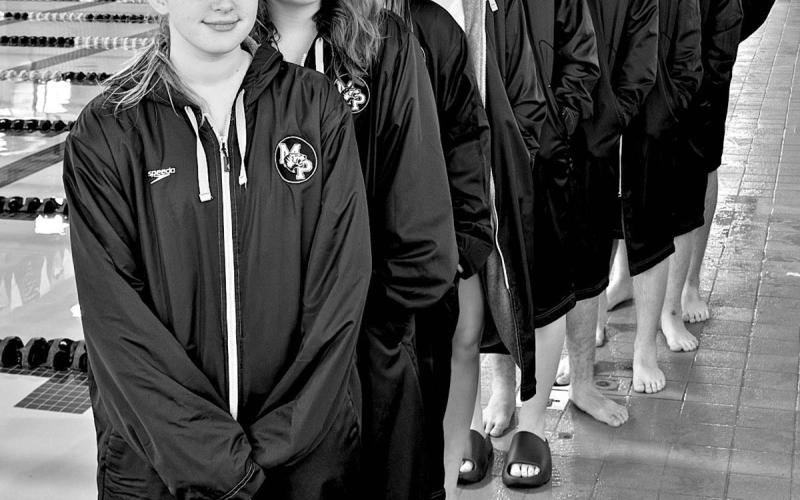 The 2024-2025 MPHS Tiger Swim team (L to R): Mattie Merriman, Emelia Ethridge, Kate Ball, Joseline Hernandez, Ava Fite, Cohen Gillean, George Fite, Hayden Harvill, Alessandro Greco COURTESY PHOTO