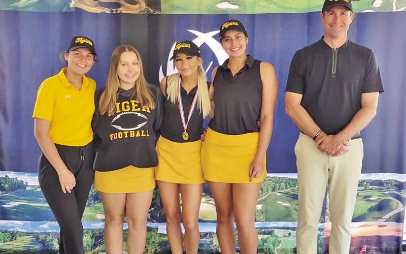 Lady Tiger Golf (L to R) Coach Hallie Posey, Kate Ball, Kylee Strickland, Sophie Greco, and Coach Benny Blaser COURTESY PHOTOS
