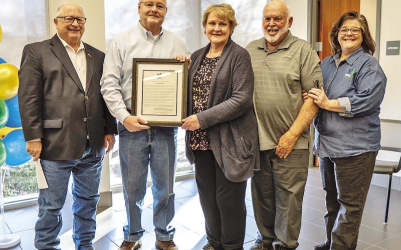 From left, City Manager Ed Thatcher; Mayor Pro Tem Tim Dale who issued a proclamation in Helen Thompson’s honor; Mrs. Thompson; her husband, Gaylon Thompson; and Councilmember Sherri Spruill.