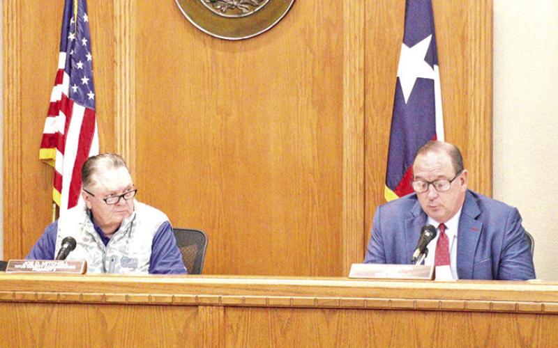 Commissioner Joe D. Mitchell (left) and Judge Kent Cooper (right) discuss property on County Road 2920.
