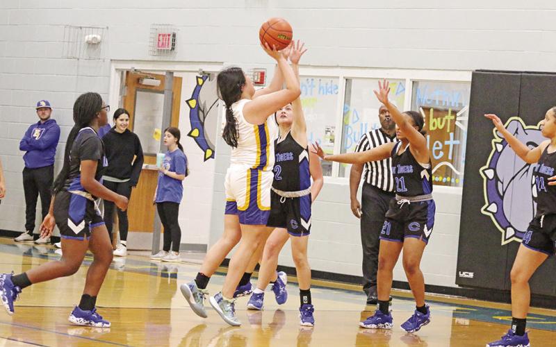 Harts Bluff’s Yaretzi “YaYa” Sanchez puts up a shot during the Lady Bulldogs’ game against Clarksville. The Lady Bulldogs fell at home to second place Clarksville and on the road at first place Rivercrest. COURTESY PHOTO