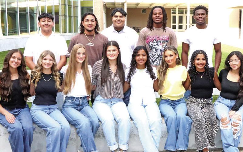 Homecoming Court (front L to R) Esme Perez, Aubree Hawkins, Chloe Smith, Ava True Fite, Jazlynn Chism, Kylee Strickland, Pamela Dominguez, Jacquelin Damian. (back L to R) Bruno DeLeon, Gerardo Chavez, Samson Perez, A’Shad Smith, Deuce Thompson Photo courtesy of MPISD