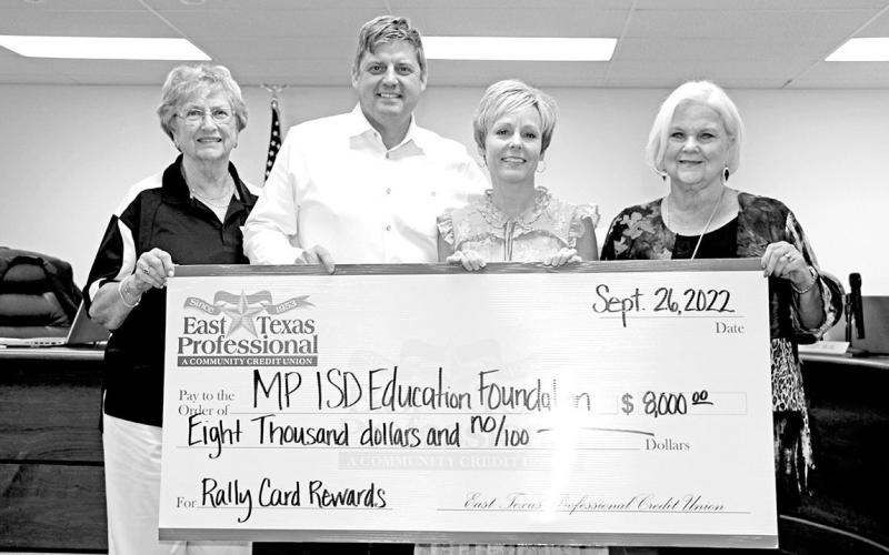 East Texas Professional Credit Union (formerly Northeast Texas Credit Union NETCU) donated $8000 to the MPISD Education Foundation at the MPISD Board of Trustees meeting Monday night. ETPCU donates 1% of all purchases using their rally debit cards back to the schools. Pictured L to R: MPISD Board President Yvonne Hampton, MPISD Board Secretary Dr. Kenny Thompson, ETPCU Sr. VP for Branch Operations Keitha A. Nilsson, and MPISD Board member Sandy Bible. COURTESY PHOTO