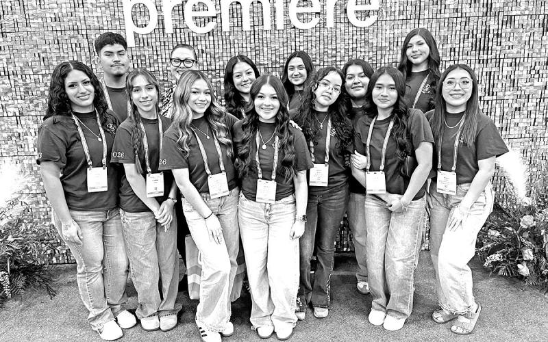 MPHS senior Cosmetology program members at the Premiere Hair Show in San Antonio. Front (L to R) Sofia Estrada, Alondra Santos, Yamileth Hernandez, Aradeliz Alarcon, Ashley Monreal, Joselyn Serrano, Denise Moreno. Back (L to R) Osiel Andrade, MPHS Cosmetology instructor Aleshia Rivera, Ashley Licona, Kaylee Leija, Hayde Reyes, Lucero Ayala Courtesy Photo