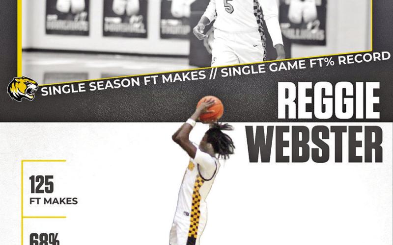 Senior Kai Price broke the single season FG % with 65.1% and broke the career FG% with 57%. Junior Reggie Webster broke the FT% in a single season 100% (11/11). He also tied the most FT makes in single season with 125. COURTESY PHOTOS