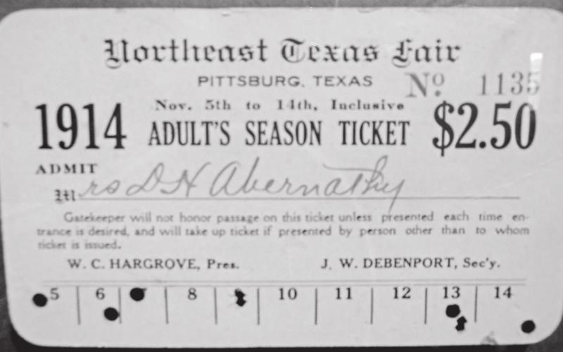 This 1914 season ticket to the Northeast Texas State Fair belonged to Mary Lou Pitts Abernathy (1863-1950). Mrs. Abernathy was the niece of Pittsburg’s founder, Major W.H. Pitts. The wife of pioneer Pittsburg merchant D.H. Abernathy, she lived in the magnificent Queen Anne Victorian house on the corner of Quitman St. and South Texas St., presently occupied by her grandson, Pittsburg Mayor D.H. Abernathy and his wife Laverne.