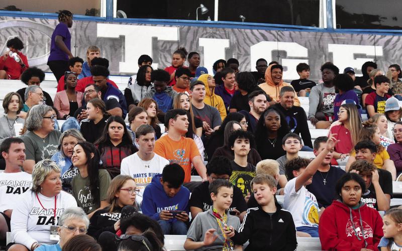 A group of students from Harts Bluff ISD, including Athletic Director Harland Johns (far left) took part in Fields of Faith at Daingerfield High School on Oct. 5. The event saw over 100 students make life-changing decisions. PHOTO BY TONI WALKER