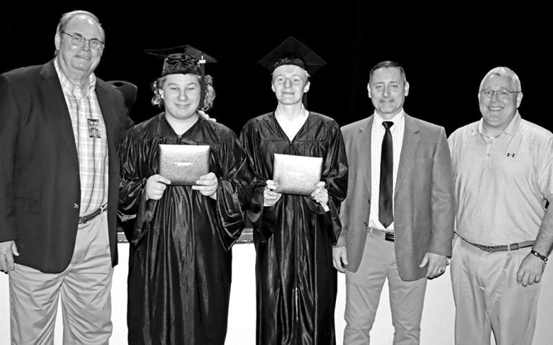 MPHS fall graduates (left to right) MPISD Board of Trustees member, Buddy Blue, Nevada Phillips, Jake Miller, MPHS Principal, Jason Adams, and MPISD Superintendent of Schools, Judd Marshall COURTESY PHOTO