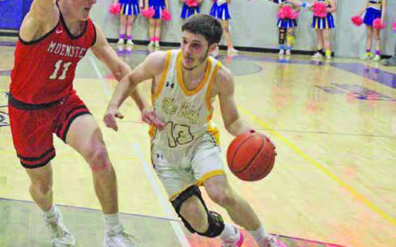 Avyn Carrington drives past Muenster’s Garrett Hess during Friday’s area round game. The Bulldogs took the eighth-ranked Hornets to overtime, falling short, 50-48. TRIBUNE PHOTOS / QUINTEN BOYD