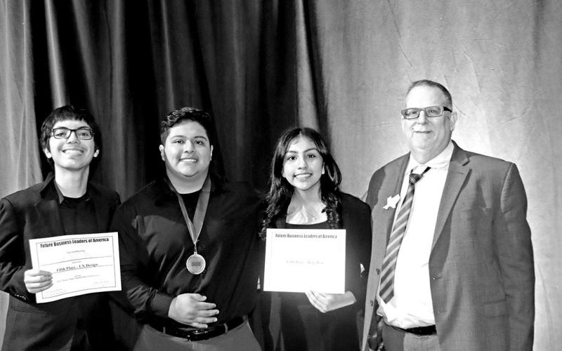 (L to R) National alternate Julian Chancellor, Accounting national qualifier Jose Gonzalez, National alternate Patricia Gonzalez, FBLA Advisor John Whitten COURTESY PHOTOS
