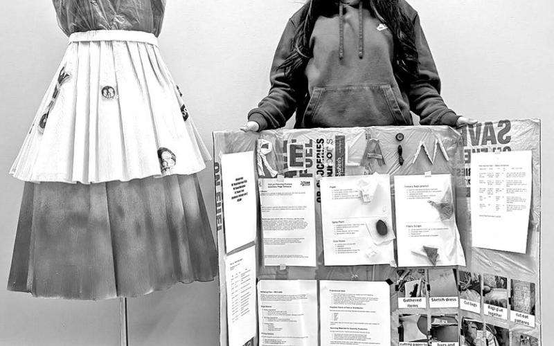Alexandra Velez created a garment using plastic grocery bags, fabric, paper scraps