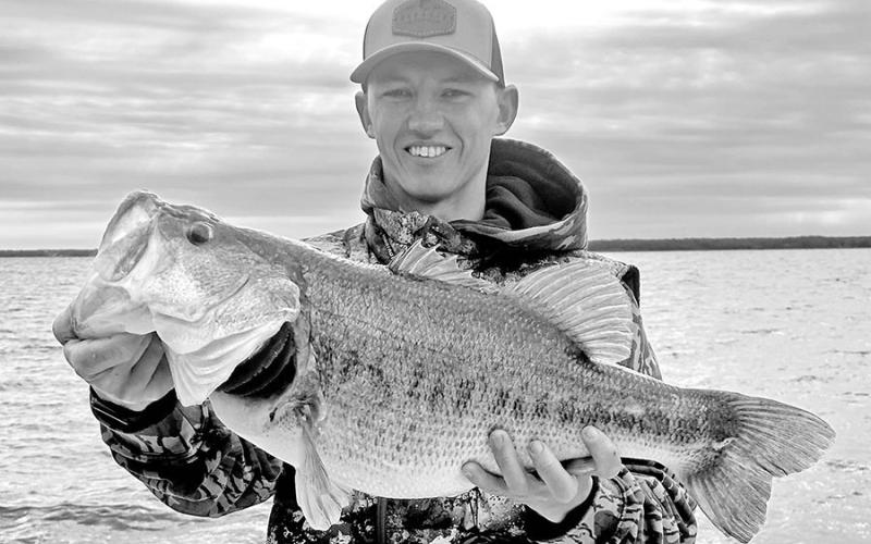 Fishing guide Justin Shelton of Mabank and his clients were catching crappie, white bass and hybrids on Richland Chambers when this big largemouth bass gobbled up a white bass that has eaten his crappie jig. Shelton managed to land the whopper on six pound monofilament line and a spinning rod.