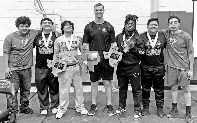 The Tiger Powerlifting team (L to R) Miguel Gonzalez, Bruno De Leon, Luis Alvarado, Coach Blake Lodes, Juymill Lewis, Jose Gonzalez, Daniel Castillo COURTESY PHOTO