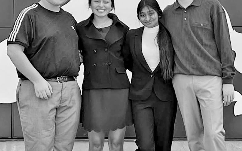 MP Speech and Debate team members (L to R): senior Anthony Orellana, junior Angelina Hernandez, sophomore Gopi Amin, and senior Eli Rider COURTESY PHOTO