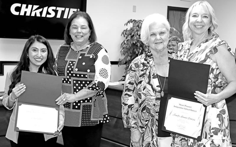(L to R) Secondary Teacher of the Year Ana Muñoz, MPISD Board member Kim Crabb, MPISD Board member Sandy Bible, Elementary Teacher of the Year Leanna Watson COURTESY PHOTO